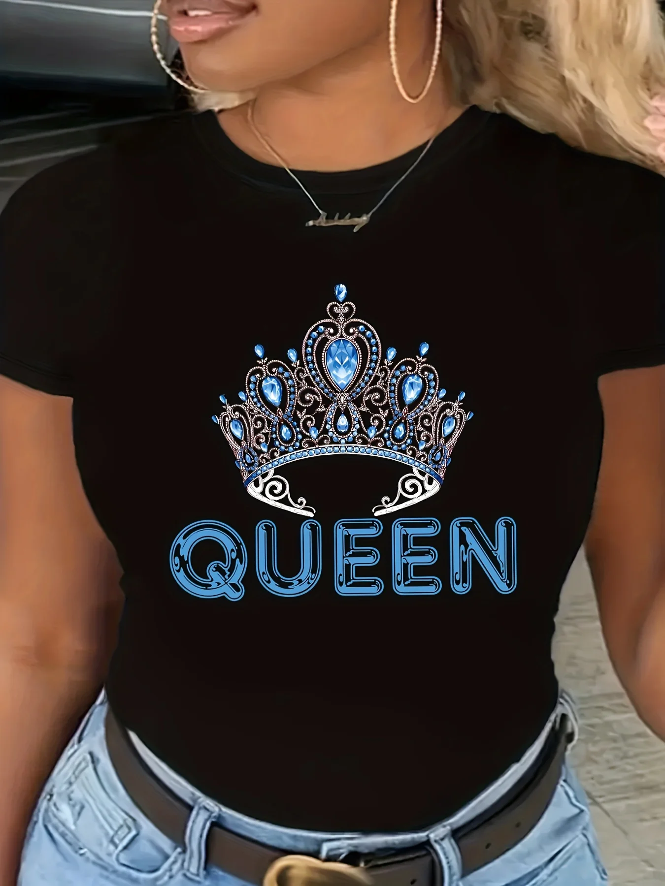 Blue Queen Crown Print Round Neck Short Sleeve T-Shirt for All Seasons Fashion Harajuku Kawaii T-shirt Women's Y2K Clothing