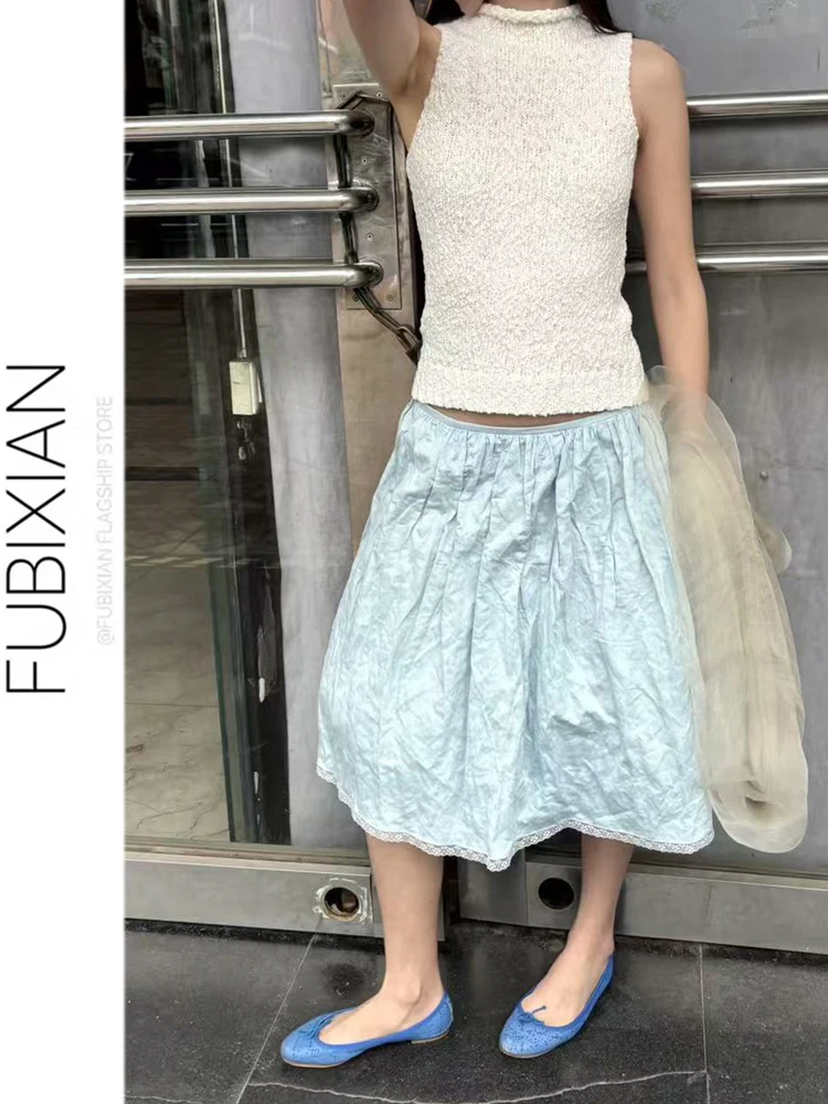 Structured Pleated A-Line Midi Skirt Blue Korean Style High Waist Cotton Blend Spring Summer New Design Feminine Elegant