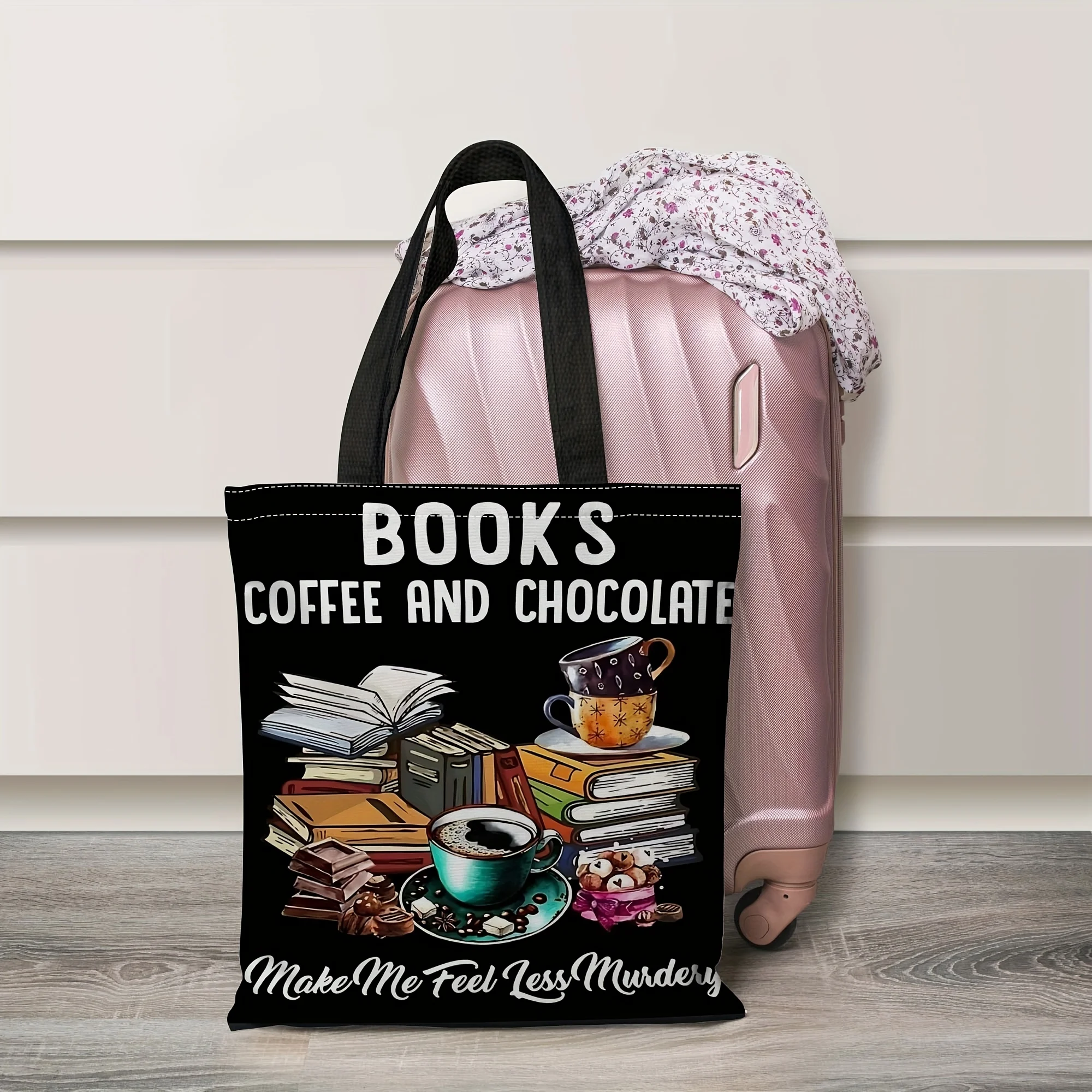 1pc Book, Coffee Chocolate Print Tote Bag - Large Capacity Bookshelf with Coffee Cup Chocolate Patterns, Casual Handbag