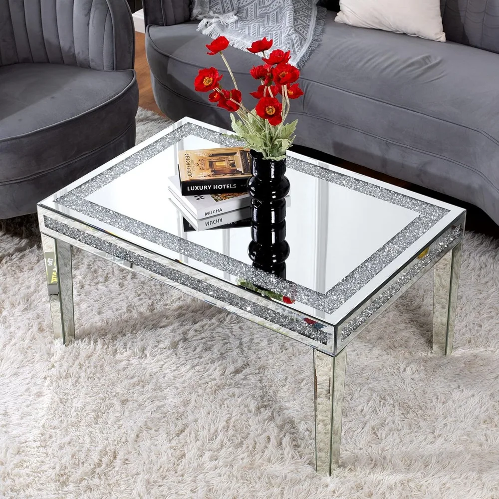 Silver Coffee Table with Crystals Inlay, 35 inches Modern Contemporary Accent Side or Coffee Table for Living Room