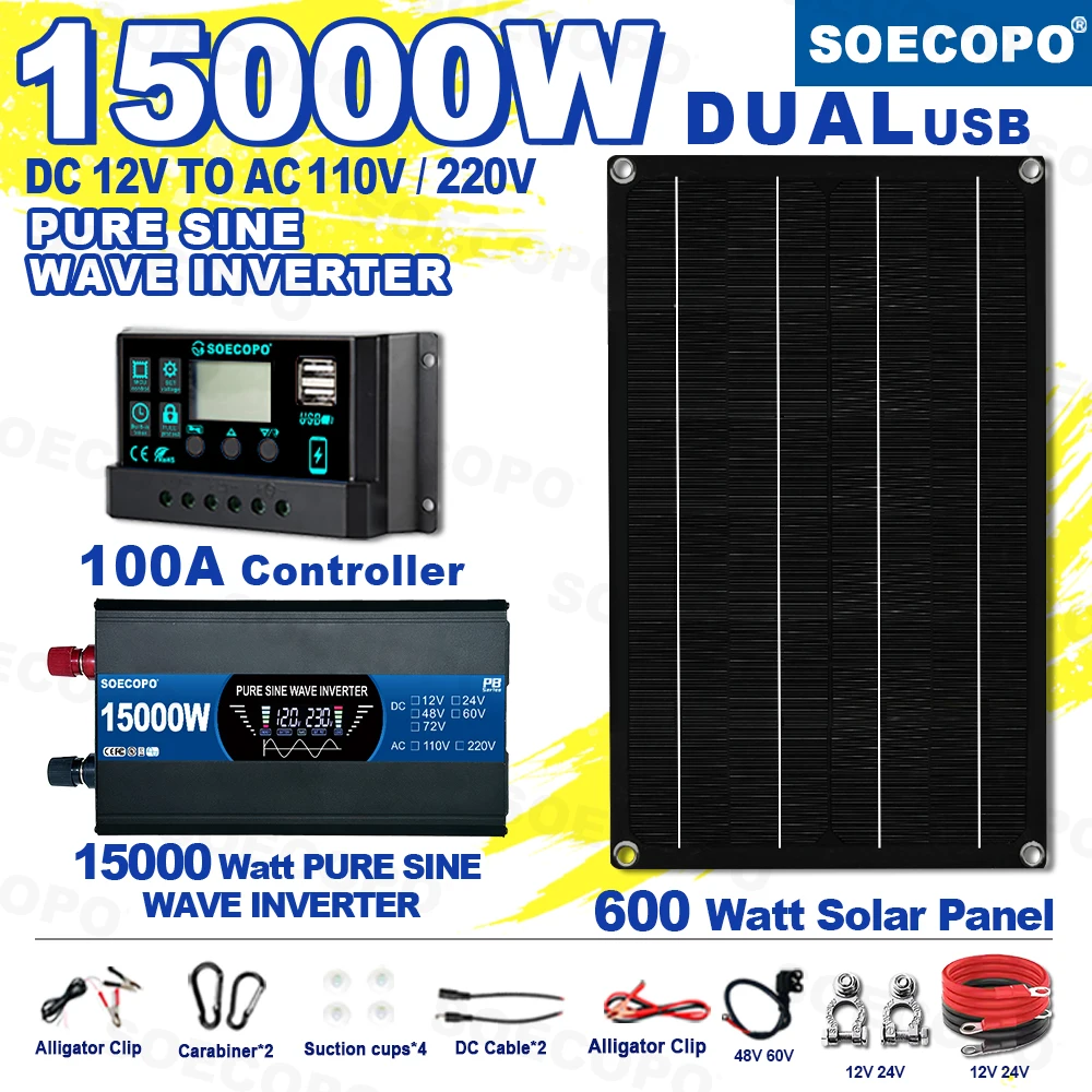 

SOECOPO 15000W Solar System Kit 600W Panel Pure Sine Wave Inverter 2 sockets 12V To 110V/220V 100A Controller for Home Camping