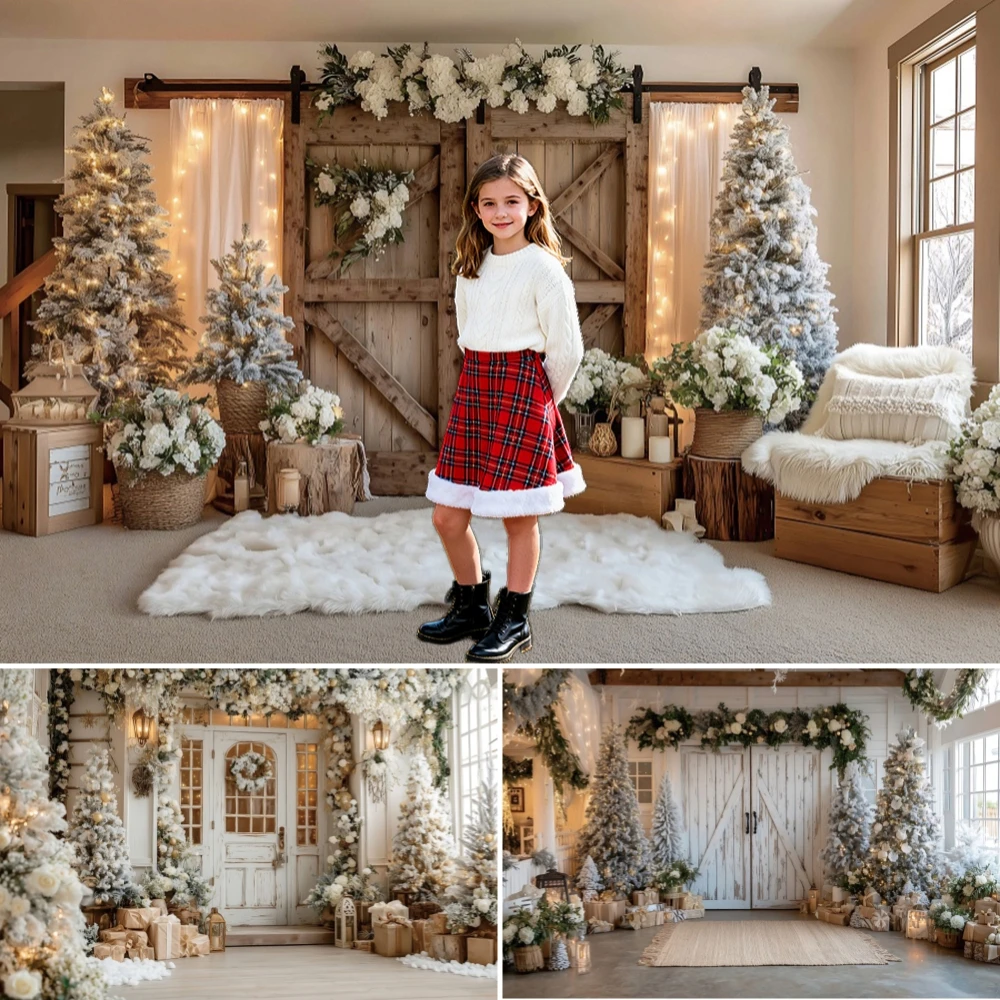 

Winter Christmas Background Photograph Xmas Snow Tree White Wooden Door Decorations Christmas Photography Backdrop Studio