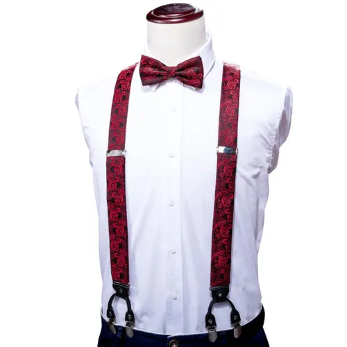 Imagen 2 del producto Barry.Wang Borgoña negro blanco seda tirantes para hombre ajustable 6 Clips Jacquard tirantes pajarita pañuelo gemelos conjunto plata oro