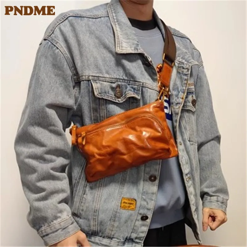 PNDME Retro Fashion Luxury Designer Top Cowhide Youth Small Chest Bag Outdoor Daily Work Natural Genuine Leather Crossbody Bag