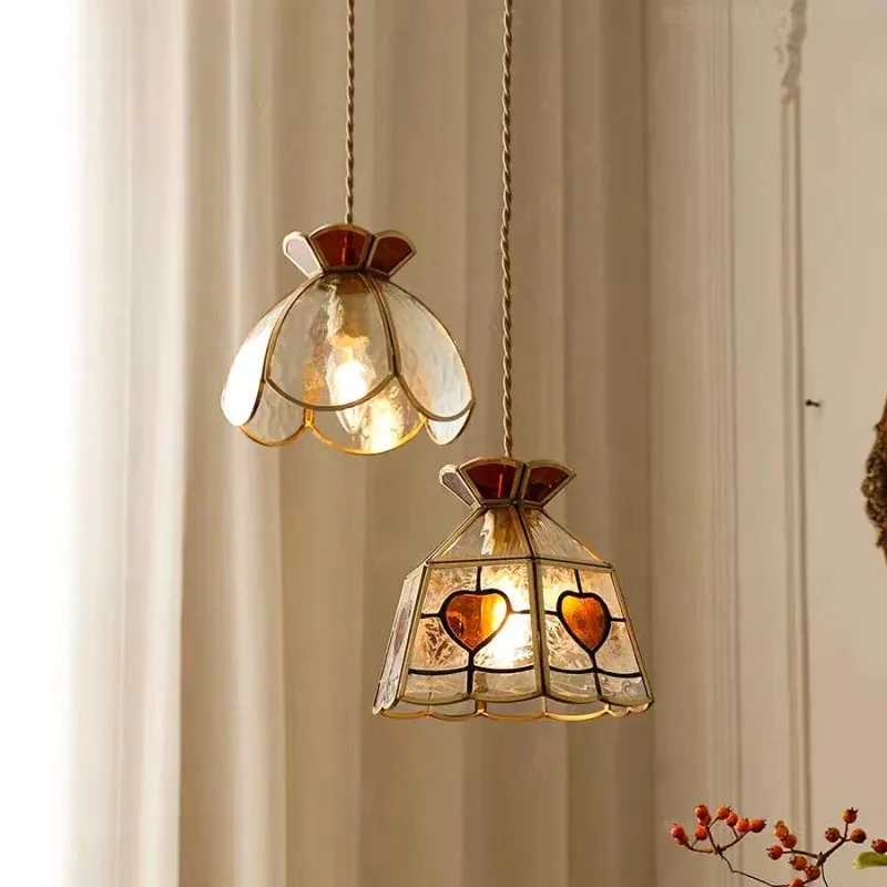 

American Retro Brass Pendant Lights Minimalist Glass Crown Chandelier Dining Room Bedroom Study Hanging Lamps Lighting Fixture