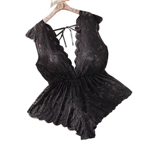 1XL-4XL Artı Boyutu Şeffaf Kadın Siyah Çiçek Baskılı Dantel Bodysuit Sırtı Açık İç Giyim Pijama
