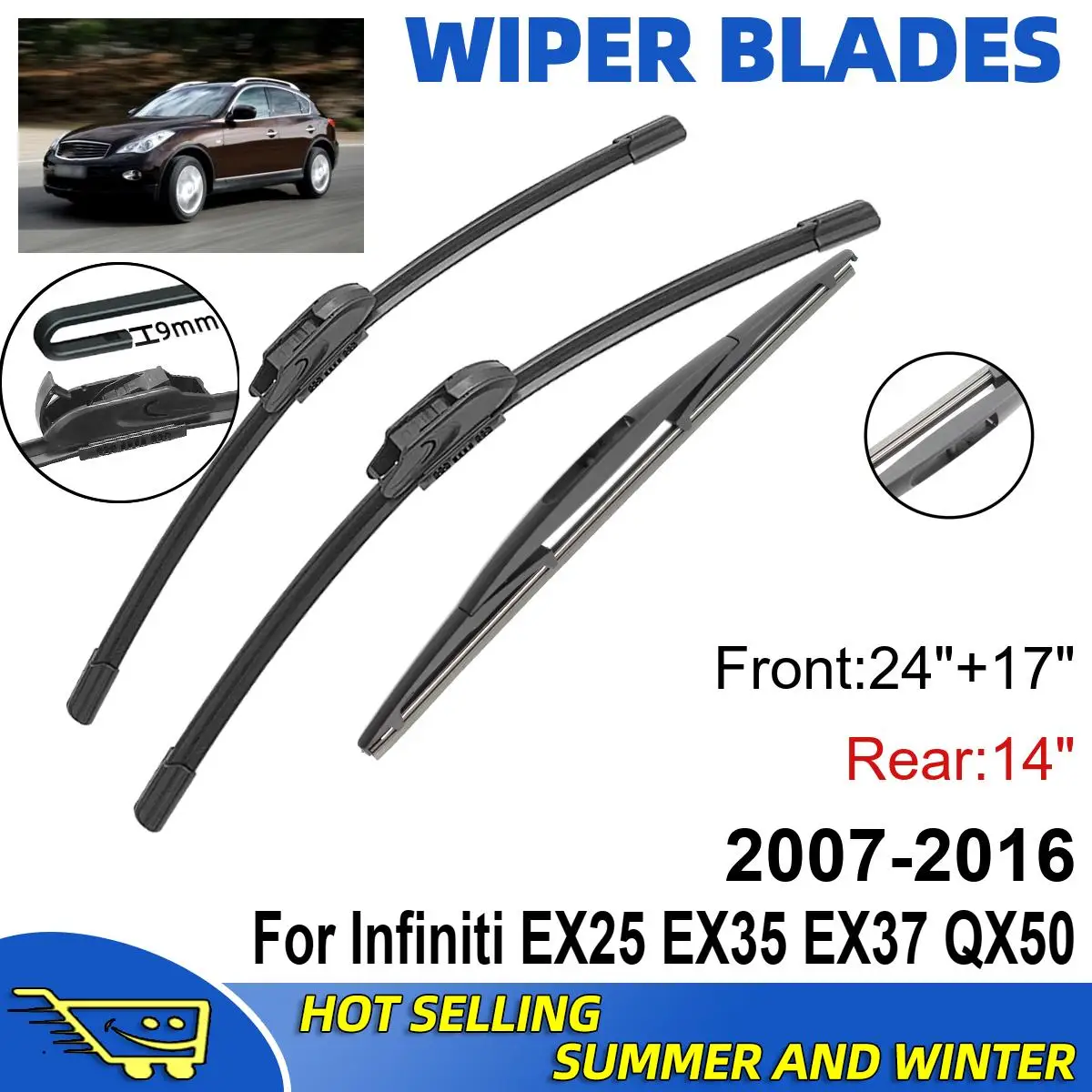 

3 шт. для Infiniti EX25 EX35 EX37 QX50 2007-2016 24 "+ 17" + 14 "передние и задние щетки стеклоочистителя лобовое стекло окно Cutte