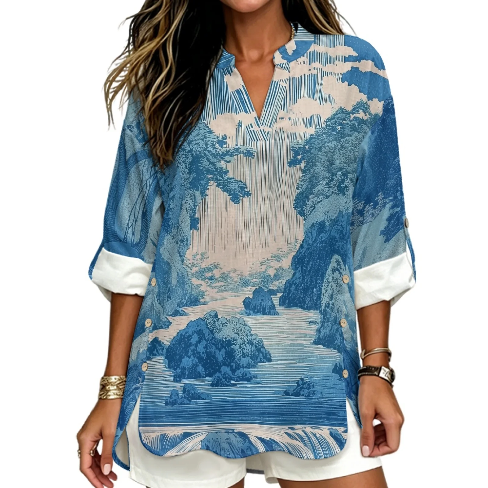PENSTROLL Blue Tie Dye Print Cozy Tunic Shirts for Daily Wear Linen Style Long Sleeve Shirts Sizes S-5XL