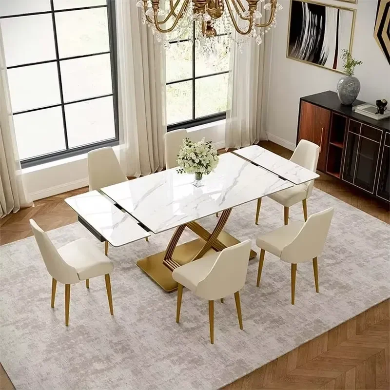 Modern Expandable Dinning Room Table Set Retractable Kitchen Furniture Sintered Stone Marble Top Extending Dining