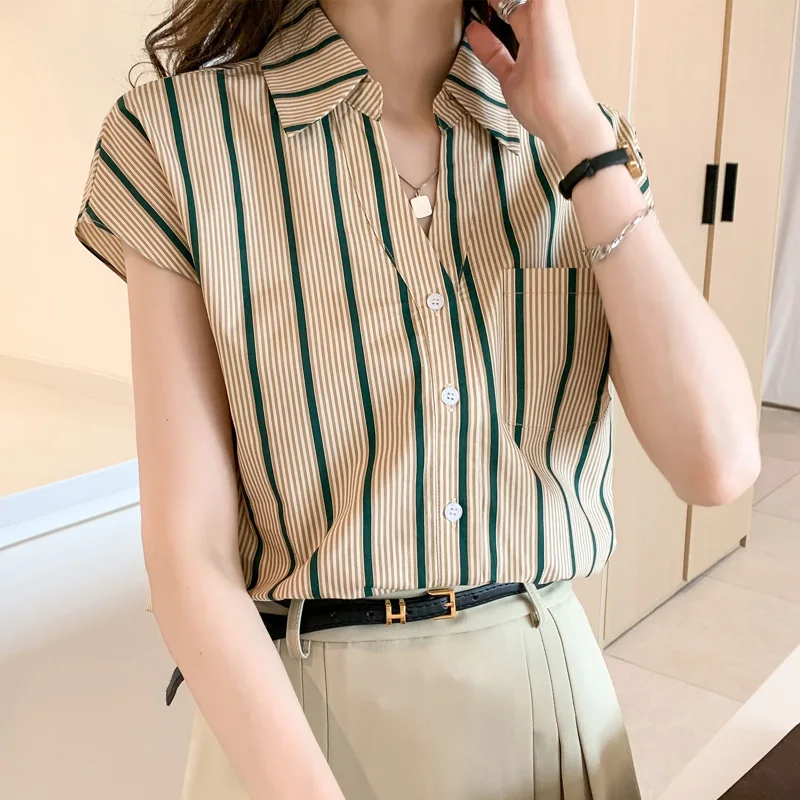 

Women Clothing Striped Printed Chiffon Shirts Summer Vintage Fashion Casual Loose Tops Pockets Turn-down Collar Cardigan Blouse