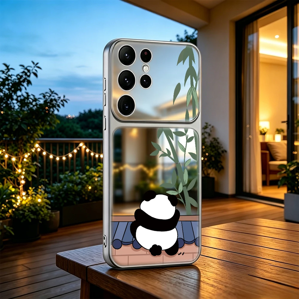 Luxury Makeup Mirror Phone Case For Samsung Galaxy S21 S22 S23 S24 FE S25 S26 Ultra 4G 5G Plus + Soft Cover Cute Panda