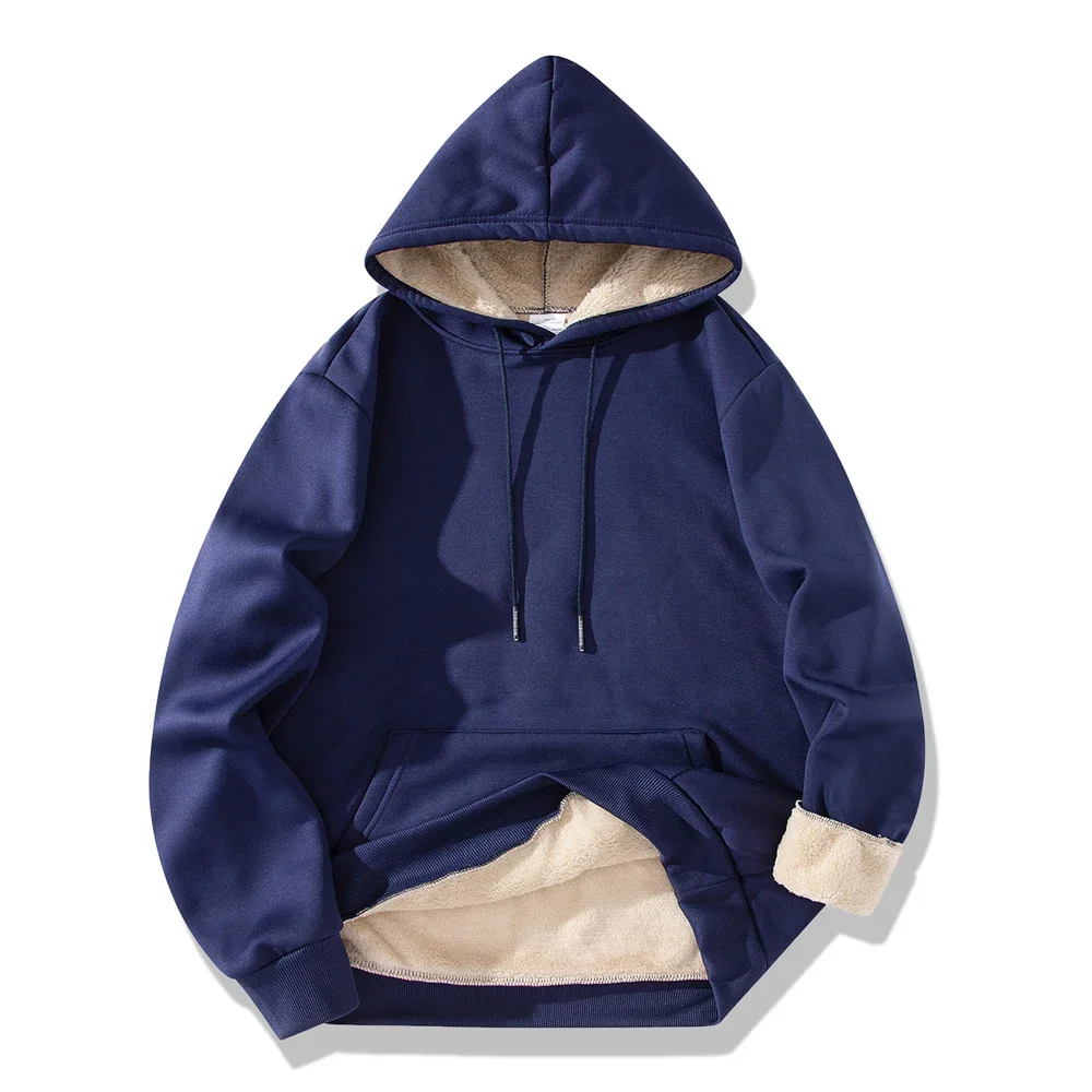 Men\'s Winter Warm Hoodies Sports Thick Sweatshirts Windproof Thermal Casual Solid Color Loose Long Sleeve Pullover Streetwear