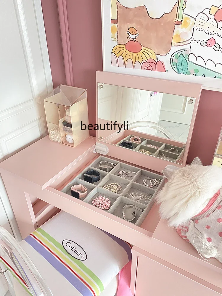 

K185 Dopamine Pink Flip Dressing Table Chest of Six Drawers Integrated Storage Cabinet French Bedroom Tailstock Corner Desk