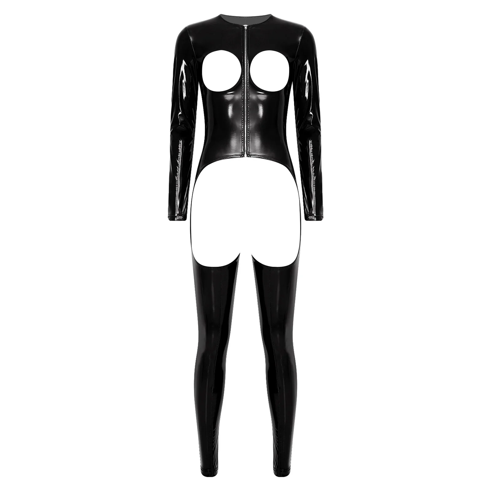 

Womens Jumpsuit Wet-look PU Leather Rompers Hollow-out Cup Crotchless Long Sleeve Legging Pants Romper or Nightclub Rave Party
