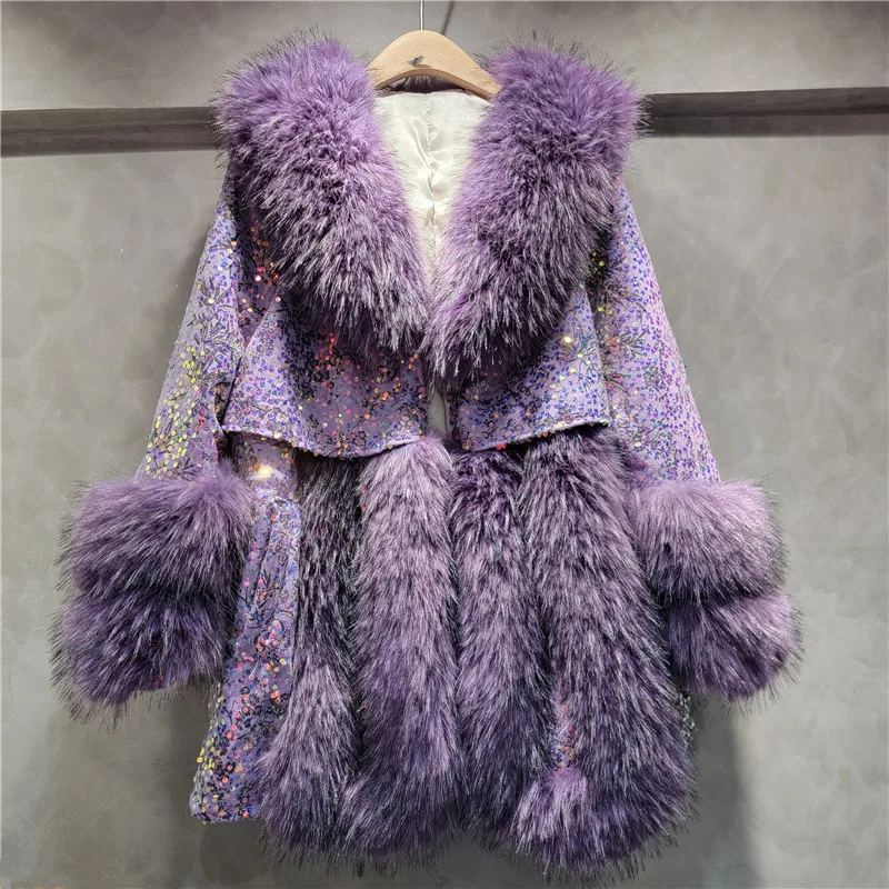 European Fashion Fur Lapel Imitation Fox Hair Sequins Jacket Women\'s Winter Clothing New Temperament Purple Overcoat Coats