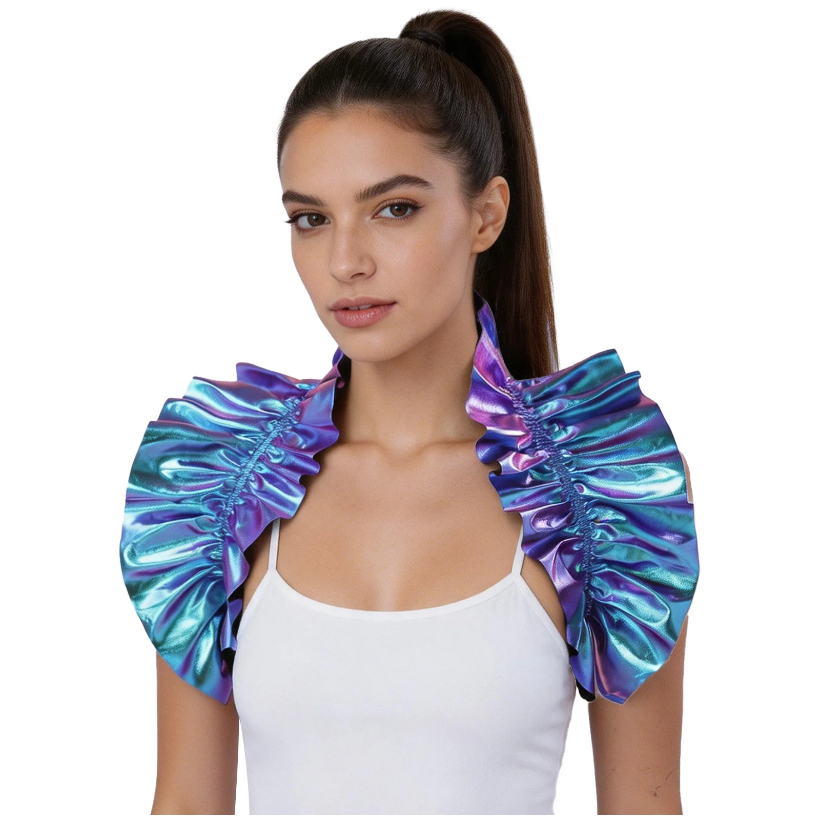 Womens Victorian Renaissance Shrug Wrap Capelet Hologram Ruffle Shoulder Shrug Tie‑Back Bow Gothic Victorian Costume Accessory view 3