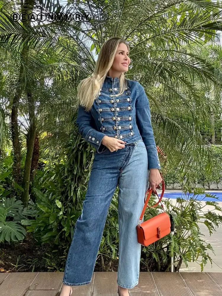 Vintage Denim Military Jacket Women Retro Solid Round Neck Single Breasted Slim Crop Coat 2026 New Lady Daily Street Outerwear Vintage Denim Military Jacket Women Retro Solid Round Neck Single Breasted Slim Crop Coat 2026 New Lady Daily Street Outerwear