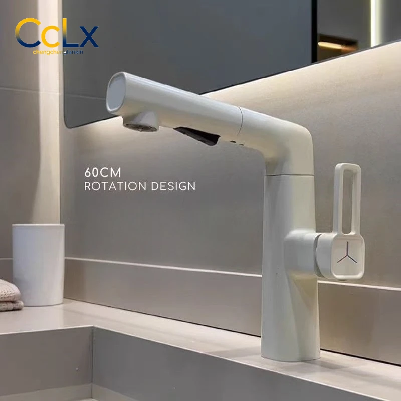Pull Out Basin Faucet, Brass, Milk White & Gun Gray, Hot Cold Water, Lifting Bathroom Sink Faucet for Home Wash Basin