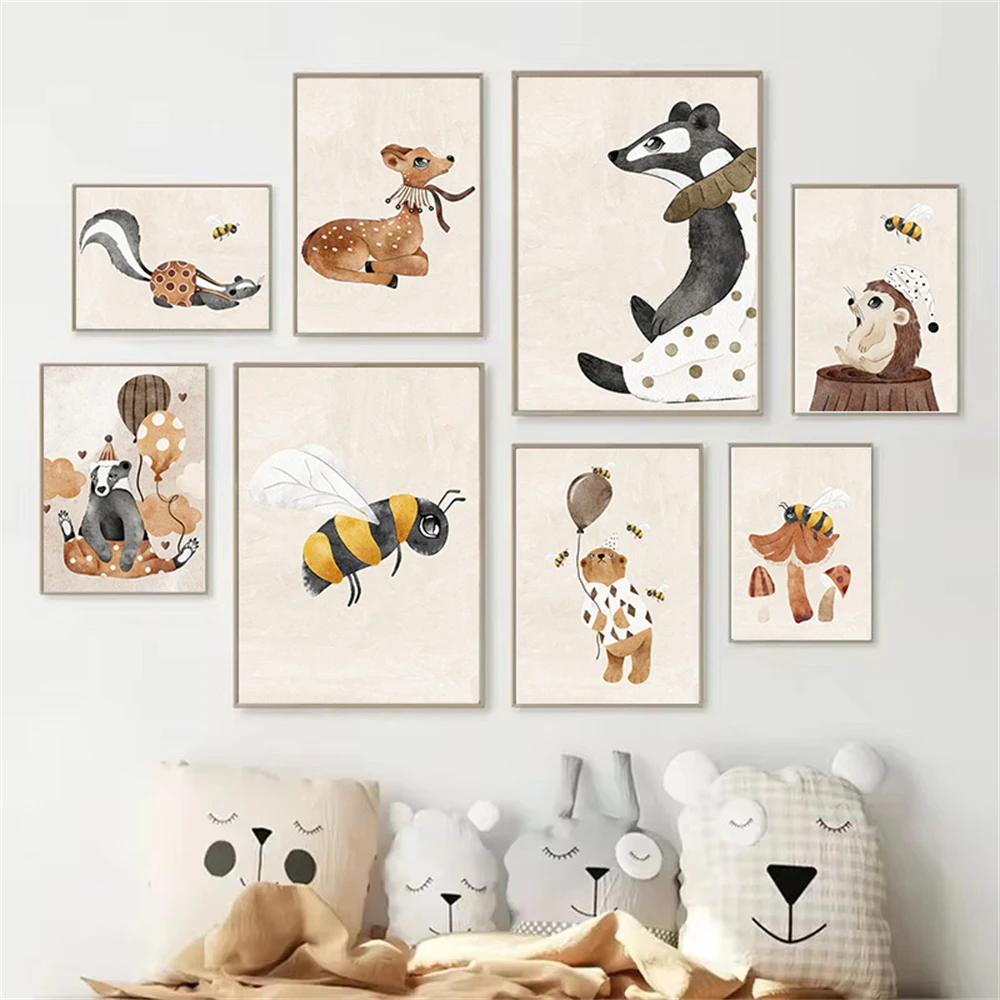 Cartoon Animals Squirrel Bee Deer Bear Poster Wall Art Canvas Painting Nursery Posters And Prints Picture Baby Kids Room Decor