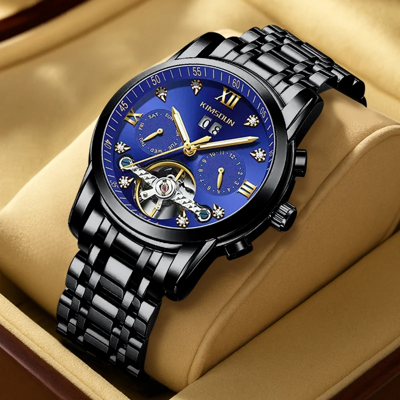 A men's black steel strap business temperament Arabic numerals date display fully automatic mechanical watch