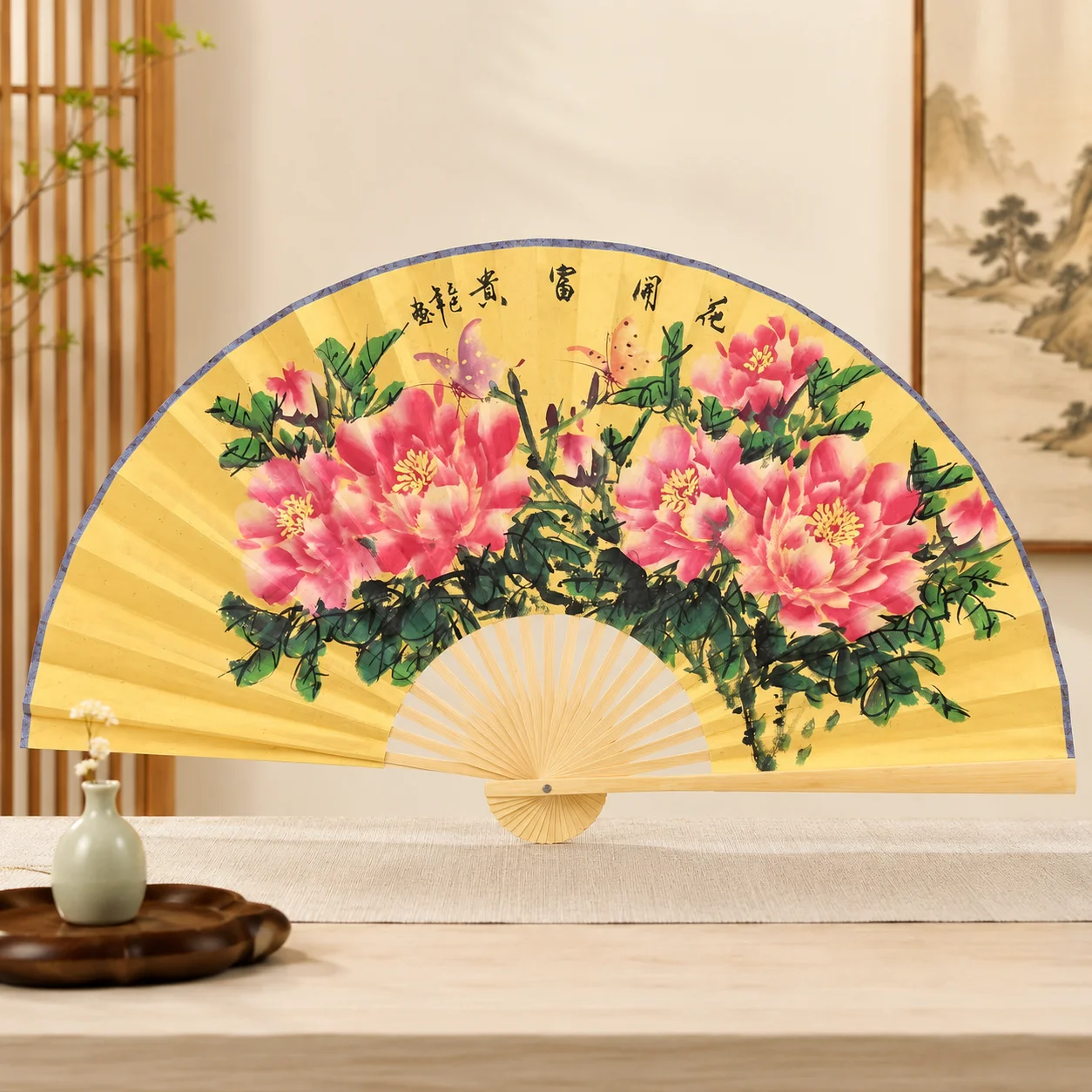 160cm Oversized Chinese Wall‑Hanging Decor Fan, Printed Peony Butterfly Pattern, Natural Bamboo Frame, Oriental Wall Art for Hom