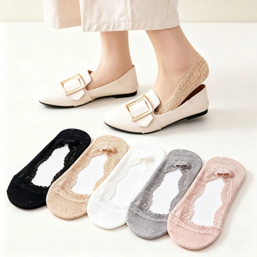 Women Ice Silk No Show Socks, Lace Invisible Low Cut Socks, Cotton Sole Thin Ankle Socks, Silicone Non-slip Liner Socks