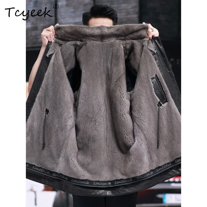 Tcyeek Top Layer Goatskin Mens Coats Natural Whole Mink Liner Winter Clothes Men Mid-long Wam Real Fur Coat Slim Fit المنك رجالي