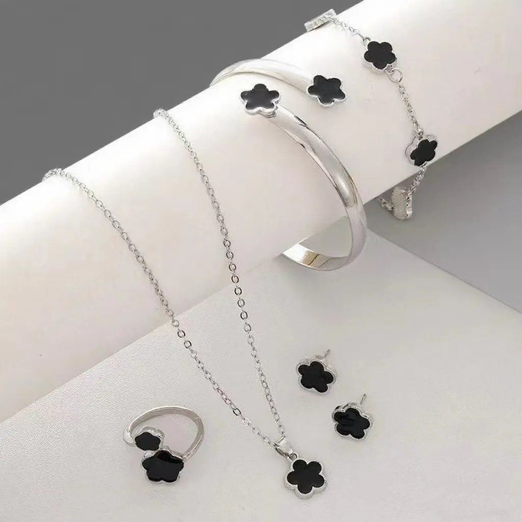 5pcs Lucky Five-petal Flower Women's Jewelry Set, Fashion Flower Bracelet + Necklace + Earrings + Bracelet + Ring, Birthday