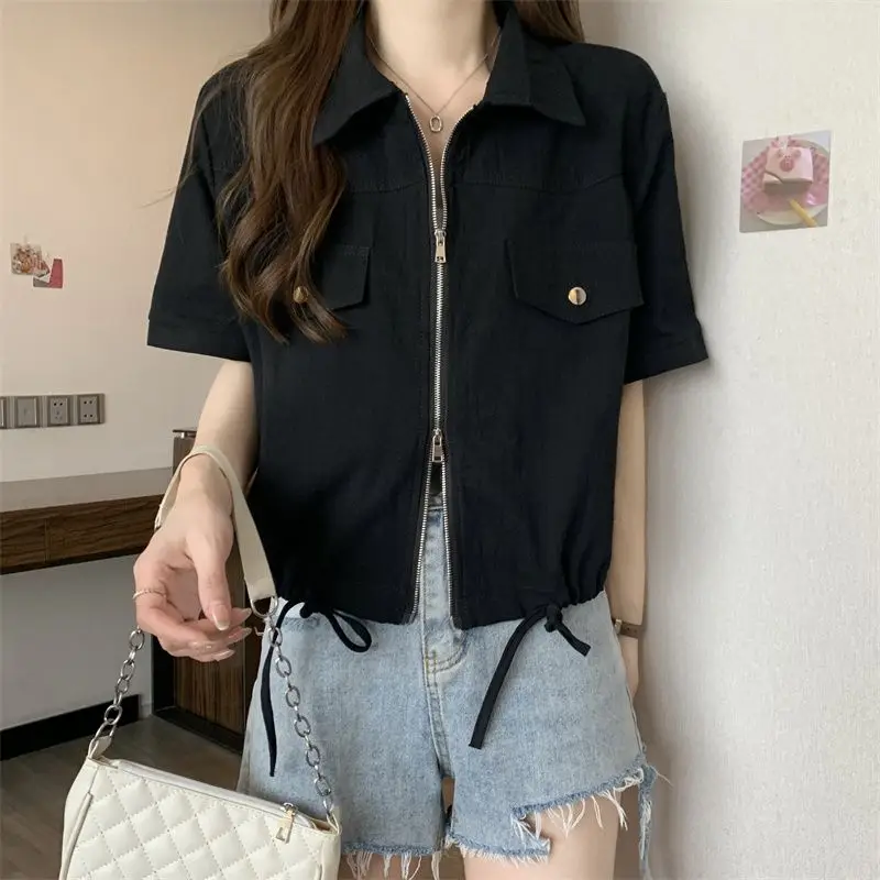 2024 Summer Cargo Style Women's Zipper Coats Korean Lady Fashion White Polo Collar Short Sleeve Jackets Casual Joker Tops Female