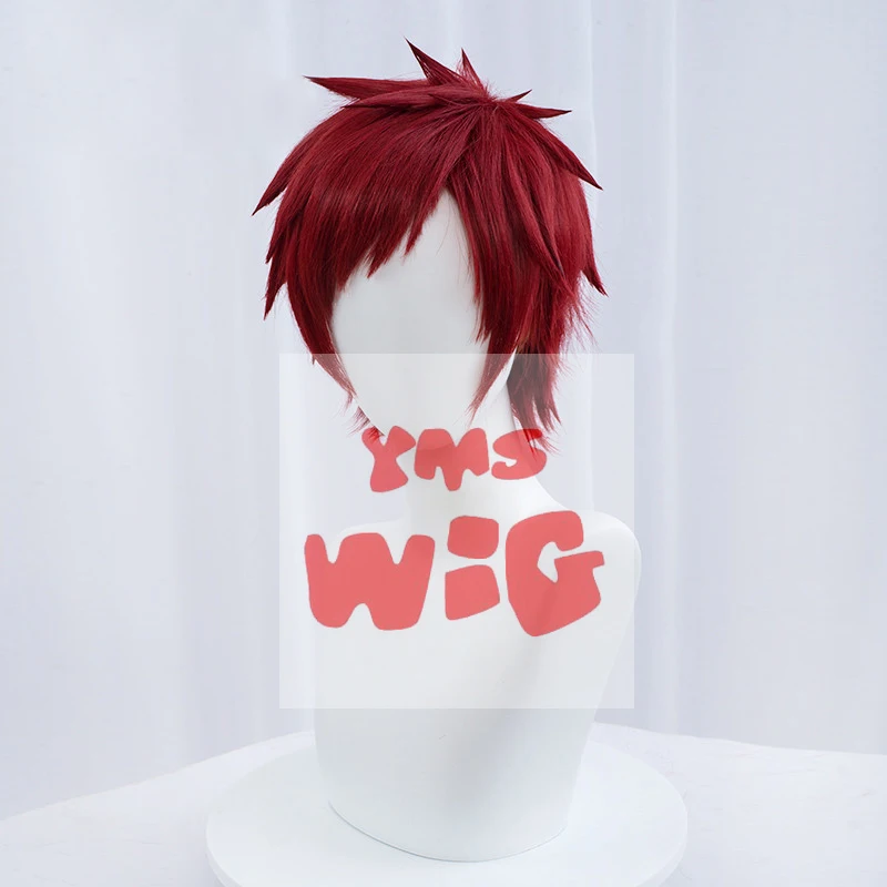 YMS WIG الرجال قصيرة الأحمر الداكن أنيمي جارا شعر مستعار تأثيري مقاومة للحرارة بيروكات صناعية + غطاء شعر مستعار مجاني