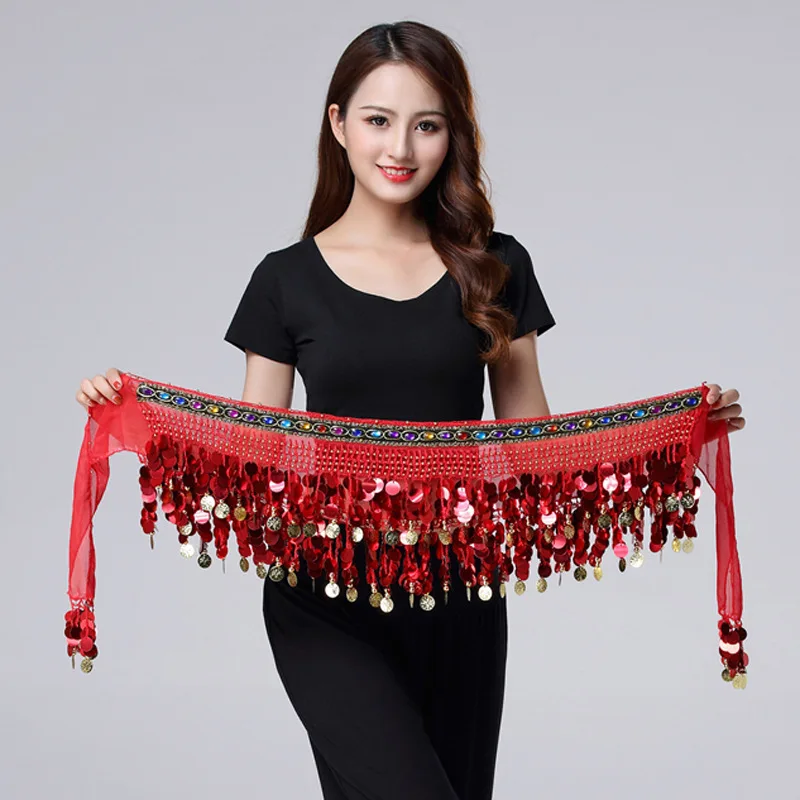 

Belly Dance Hip Scarf with Coins & Sequins, Halloween Fringe Skirt Belt, Colorful Waist Chain
