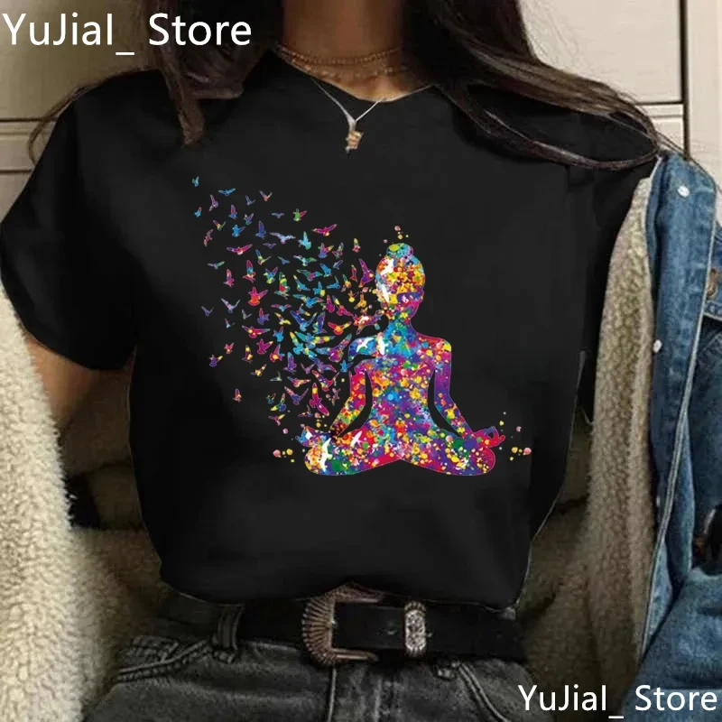 

Watercolor Breathe Chakra Symbols Yoga Print Tshirt Women Bird Om Aum Jade Buddha Meditation Tie Die T Shirt Femme T-Shirt Tops