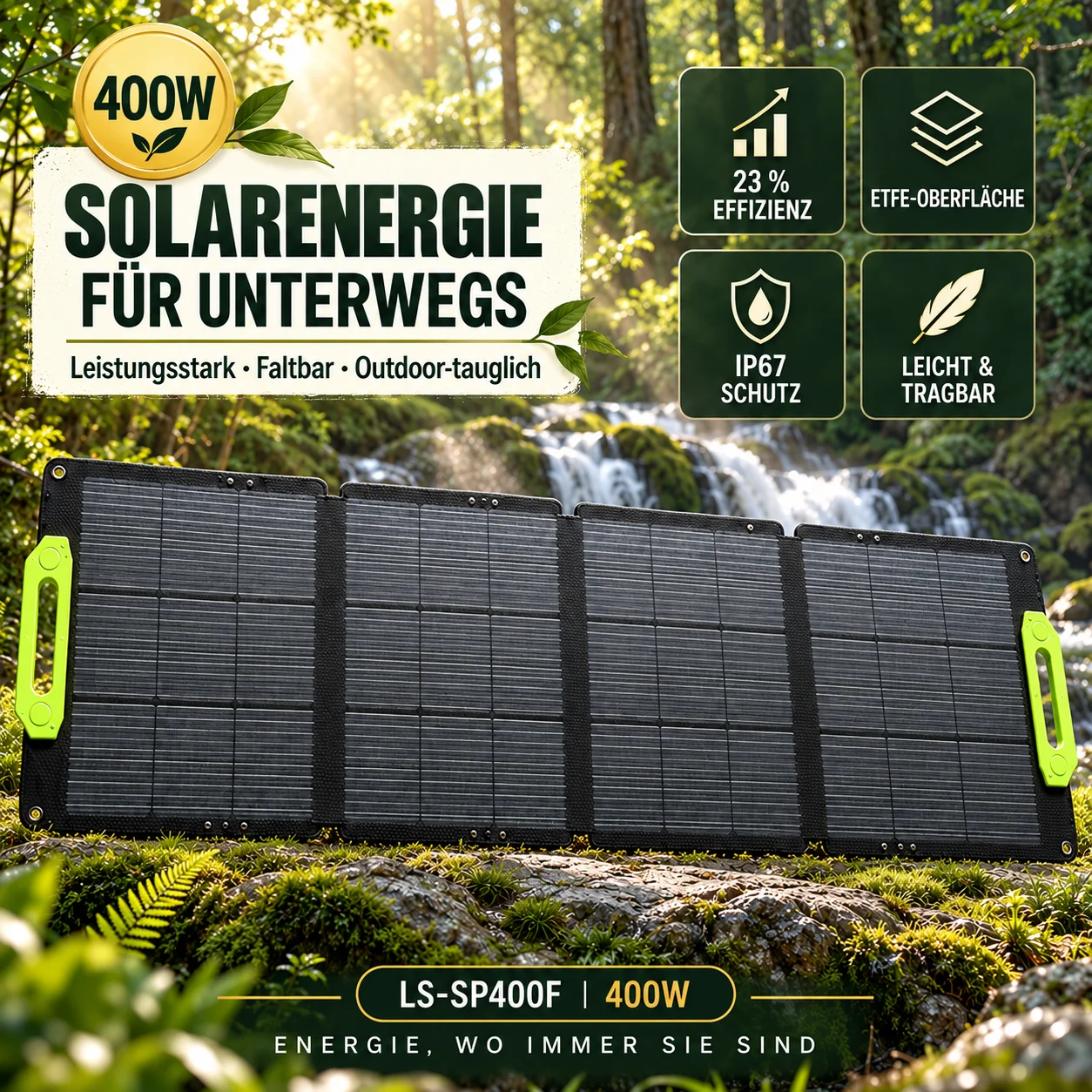 Pannello solare pieghevole da 400 W, modulo solare monocristallino con efficienza del 23%, rivestimento in ETFE e grado di protezione IP67, ideale per stazioni di alimentazione, campeggio e camper.