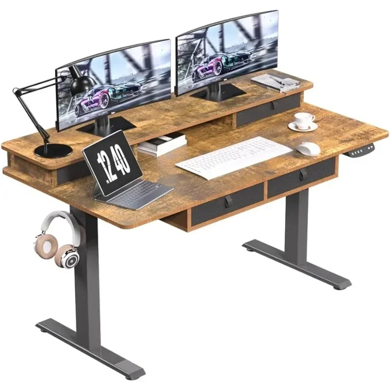 

55 * 30 Inches Electric Standing Widened Desk Adjustable Height with 4 Drawers, Double Storage Shelves Stand Up Desk