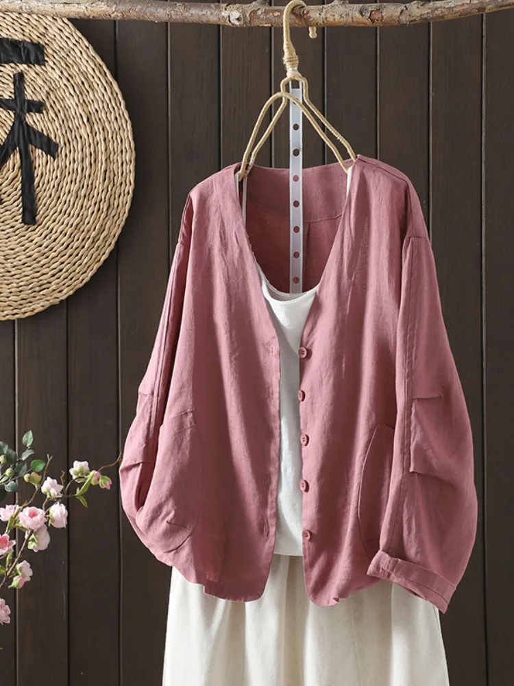Retro Heavyweight Sand Wash Cotton Linen Short Jacket Women's Spring Handmade Pleated Long Sleeve Open Cardigan Artistic Soli...