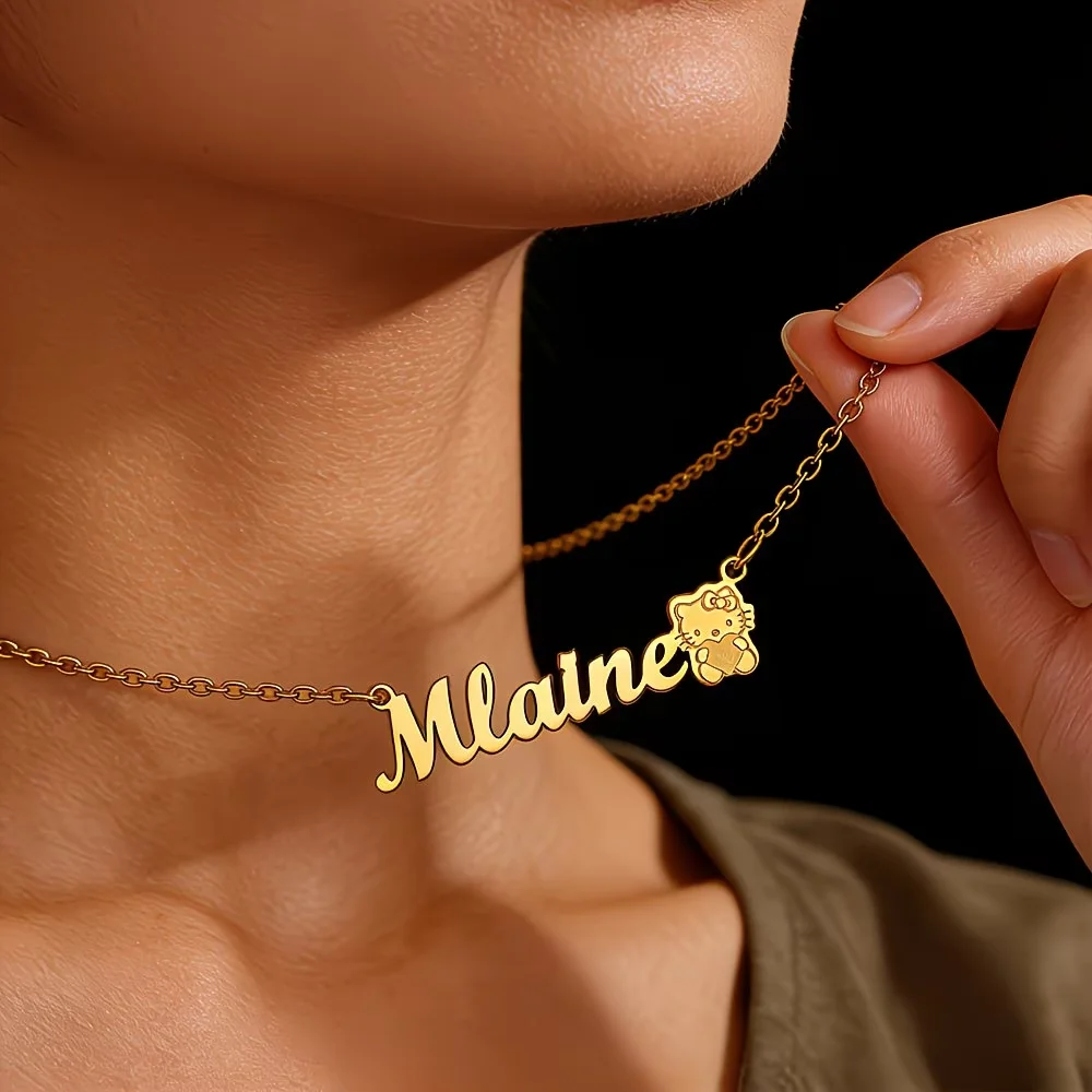 Mini Cute Carved Hello Kitty With Custom Name Necklace Sanrio Jewelry For Women Girls Birthday Stainless Steel Personalized Gift