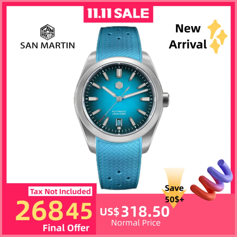 San Martin 36/39/42mm JianZhan Inspired Design Men Dress Watch 9015 Curved FKM Rubber Strap Sapphire Reloj Luminous SN0144GS/X/L