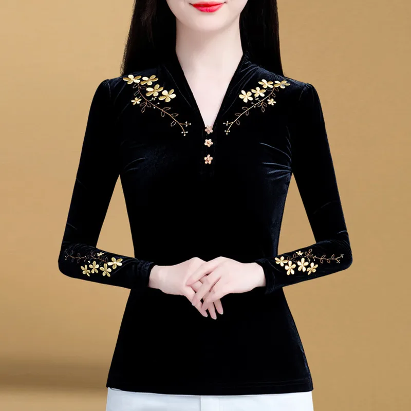 Women V Neck Velvet Top Golden Floral Embroidery Fleece Lined Slim Long Sleeve Thermal Undershirt