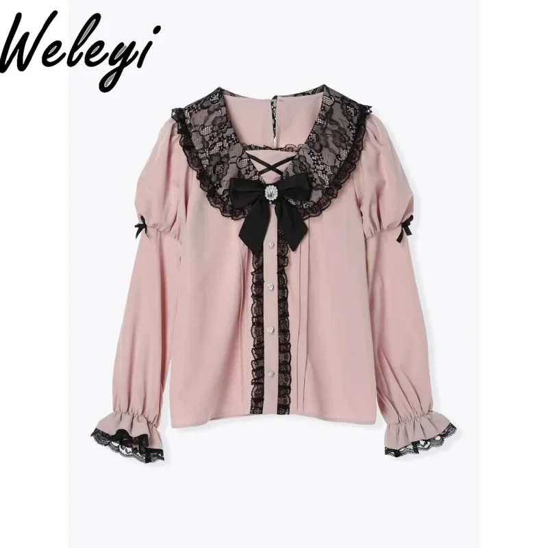 Jirai Kei Lolita Super Cute Shirt Womens Autumn Fashion Mine Series Mass Production Splicing Bow Lantern Sleeve Camisas E Blusas