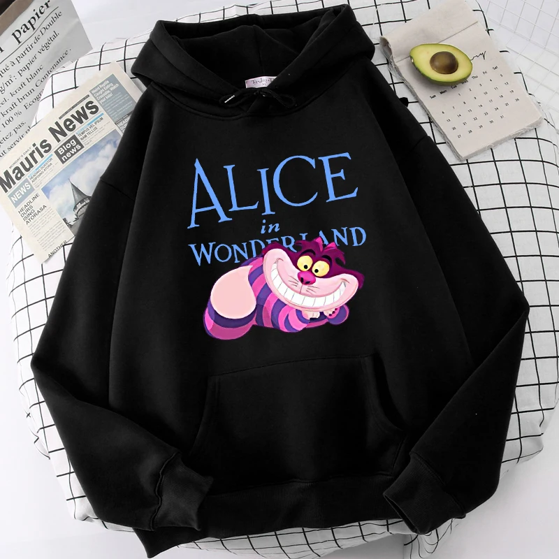 Disney Sweatshirt Fashion Alice in Wonderland Cheshire Cat Cartoon Cute Cat Print Hooded Pullover Unisex Womens Long Sleeve Top