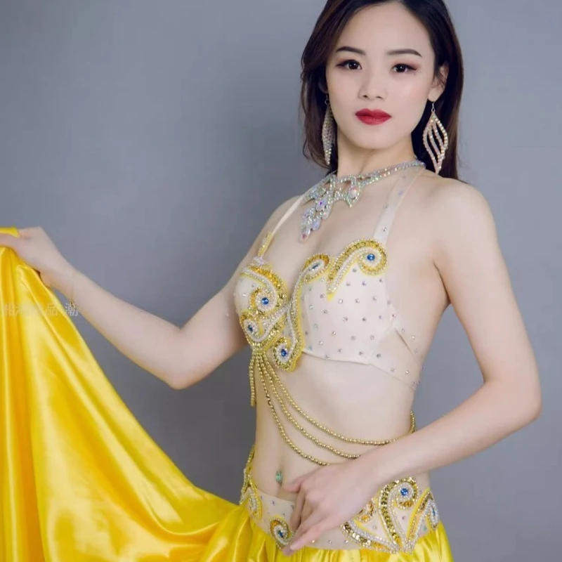 Customized Bellydance Group Costume Sexy Oriental Opening Dance Stage Dress Female Performance Costume Yellow Bra Belt Skirt Set