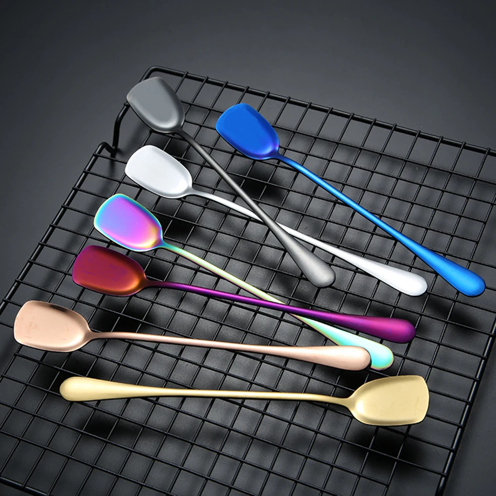 

6pcs Ice Spoon Stainless Steel Long Handle Scoop for Cream Mixing Color Changing Spoons Reusable Eco Friendly Kitchen Bar Cafe