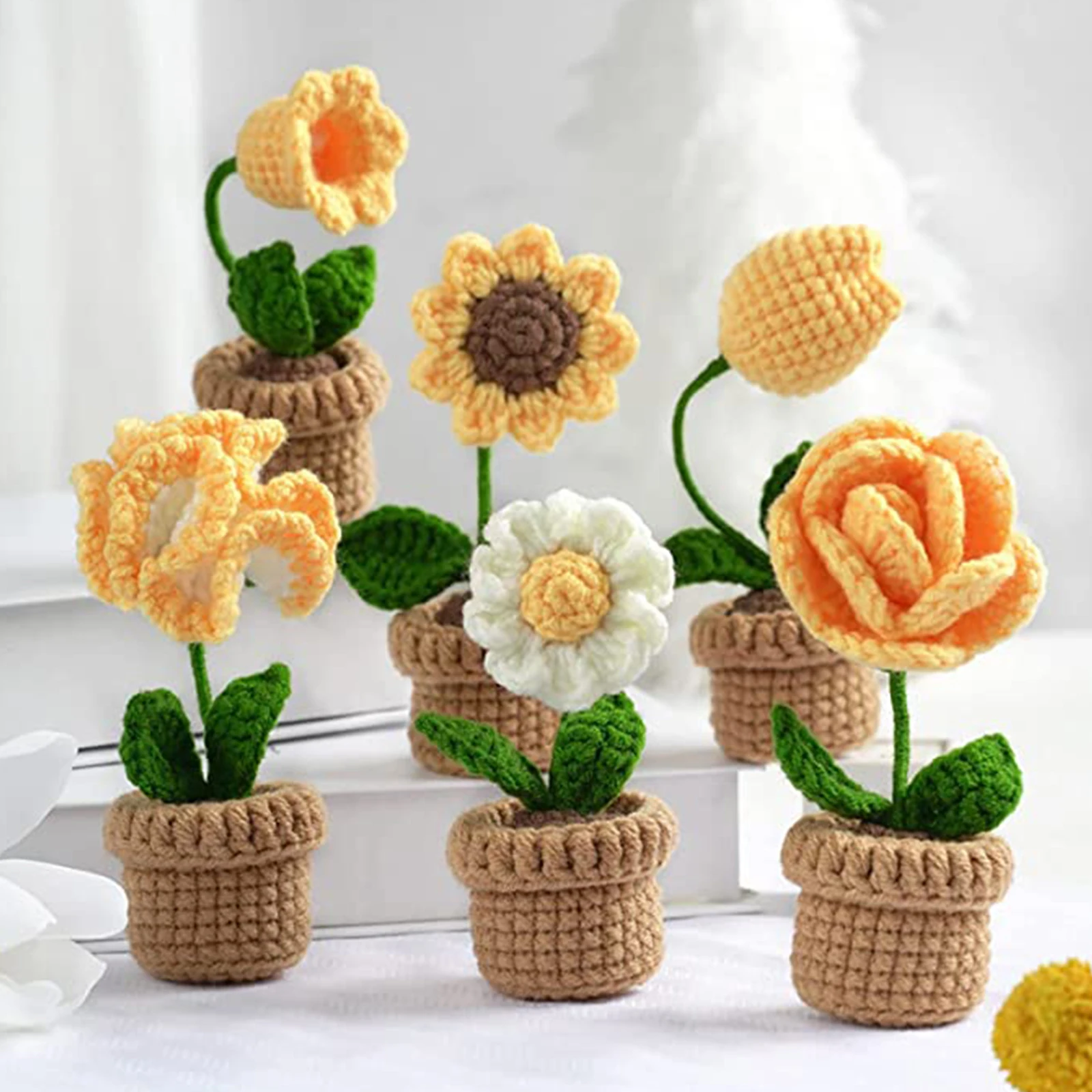 6Pcs Crochet Potted Kit Potted Flowers Kit for Beginners and Experts DIY Potted Plants Craft Kit Complete Crochet Set Creative