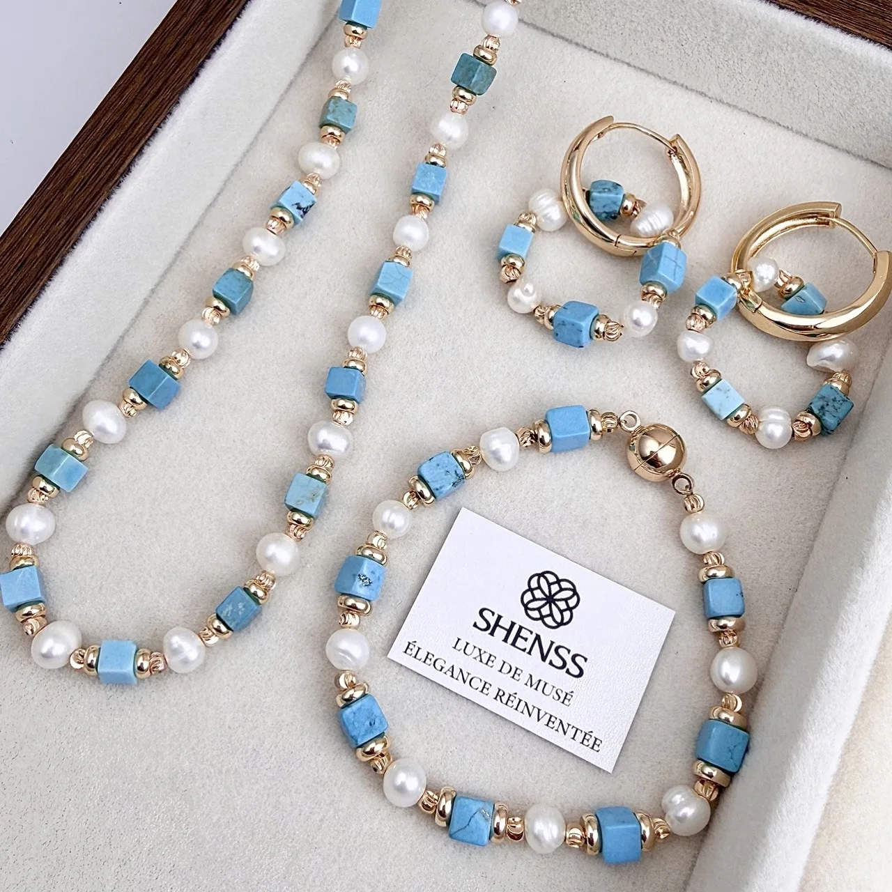 Natural Turquoise & Natural Pearl Necklace Bracelet Earrings Set Fresh Minimalist High-End Temperament Versatile Jewelry Set