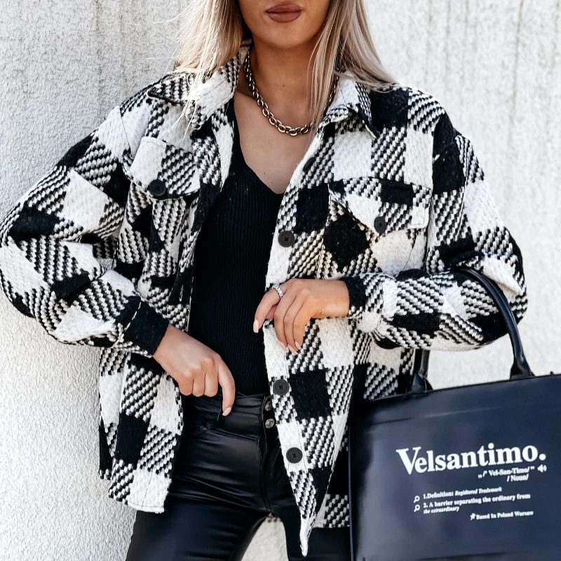 Autumn and Winter Long-sleeved 2023 Houndstooth Printed Woolen Coat Feminine Temperament Trend Women's Straight Casual Coat