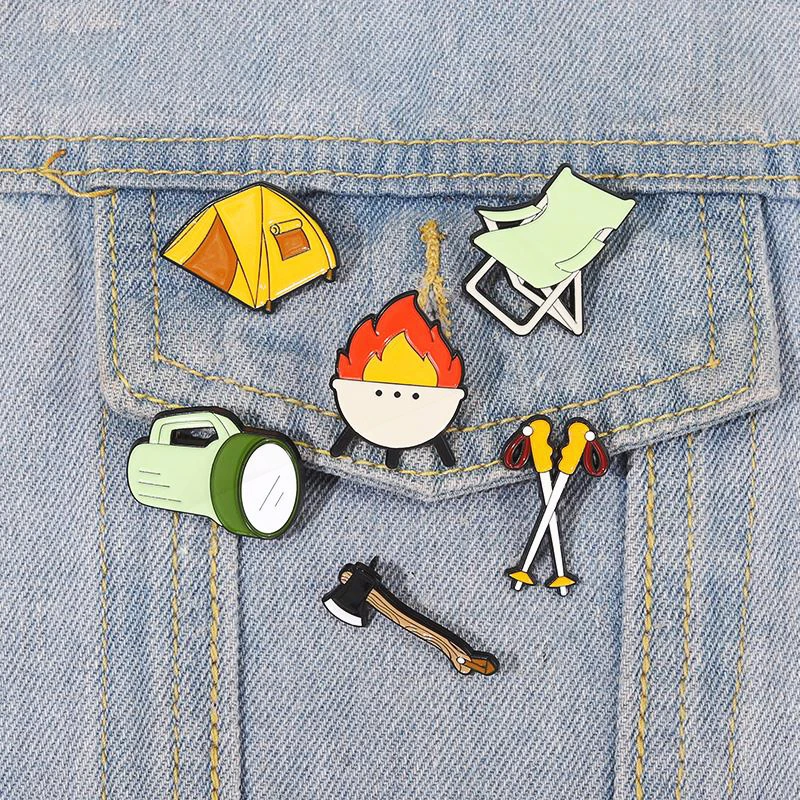 Bonfire Flashlight Pines Lapel Badges Adventure Jewelry Gift for Friends Go Cam Pinsg Enamel  Brooch Custom Tent Trekking Poles