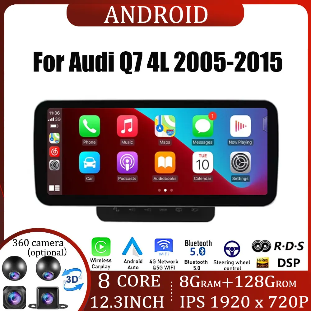 

12,3-дюймовый сенсорный экран ОС Android 4G для Audi Q7 4L 2006-2015, автомобильные аксессуары, монитор Carplay, мультимедийный авторадиоплеер BT 5.0