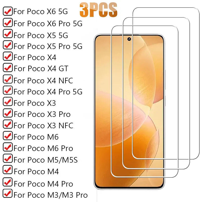 3pcs Tempered Glass for Xiaomi Poco X6 Pro X5 X4 Pro X3 Nfc Screen Protectors Protective Glass on Poco M5S M6 M3 M4 Pro Film