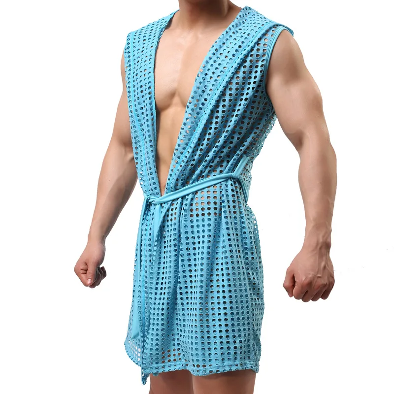 Men Mesh Robes Brand Sexy Men Bathrobe Sleepwear Short Sleeve Bath Robe Sleep Lounge (No Boxers)