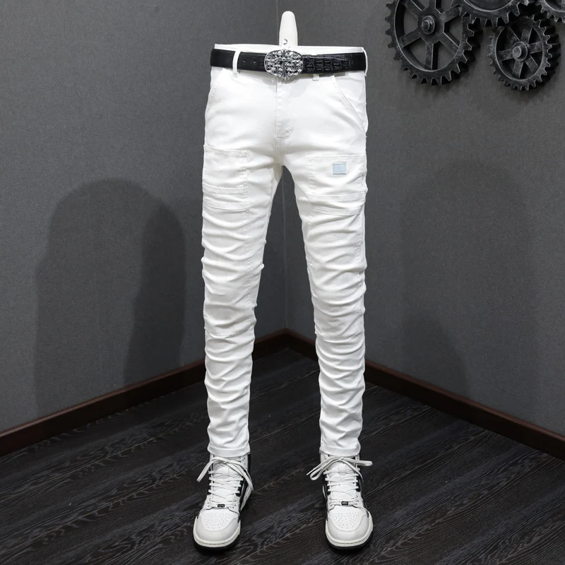 High Street Fashion Men Jeans White Elastic Stretch Skinny Jeans Men Multi Pockets Spliced Designer Hip Hop Denim Pants Hombre